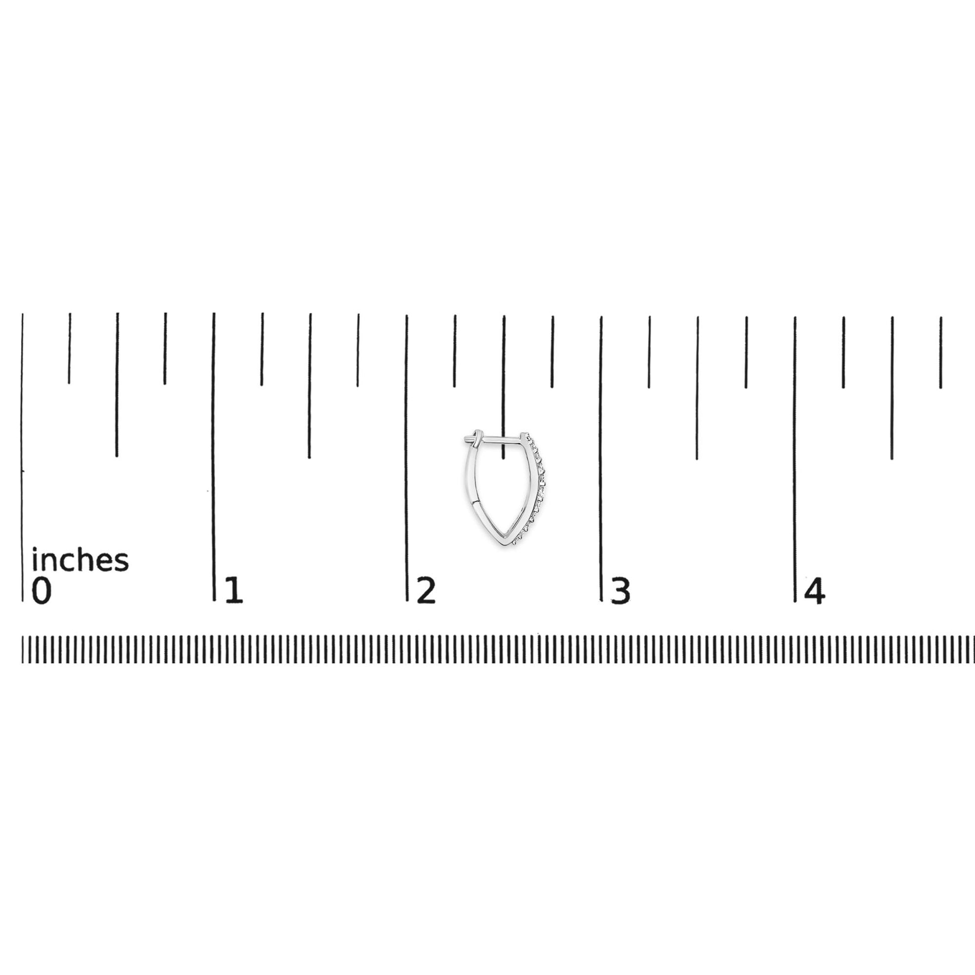 Single white metal earring with a marquise shape, featuring a row of round white gemstones in shared prong setting along one edge, shown flat on a ruler scale from top front angle.