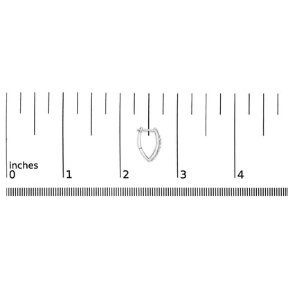 Single white metal earring with a marquise shape, featuring a row of round white gemstones in shared prong setting along one edge, shown flat on a ruler scale from top front angle.