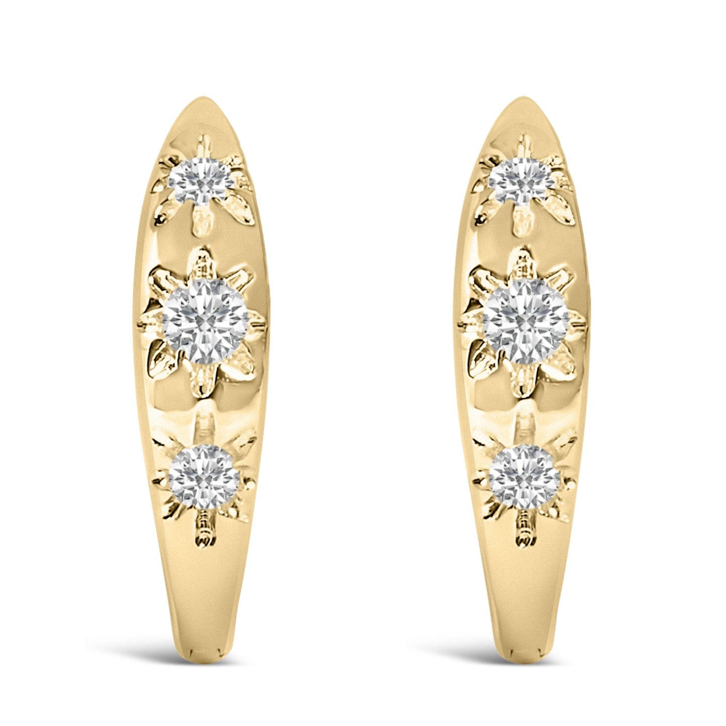 Pair of yellow metal earrings shown from front angle, each with three round white gemstones in prong settings arranged vertically with floral designs.
