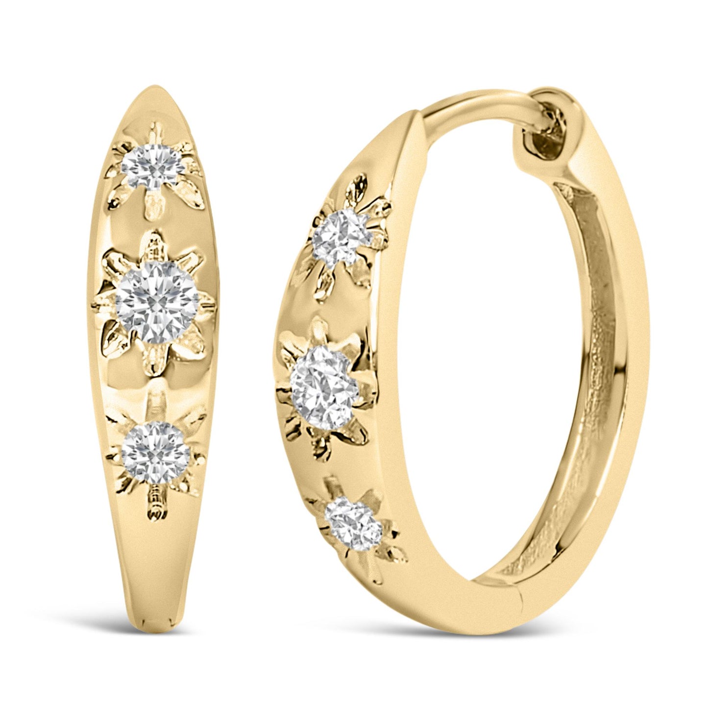 Close-up front and side view of yellow metal hoop earrings with round white gemstones in prong settings arranged vertically.