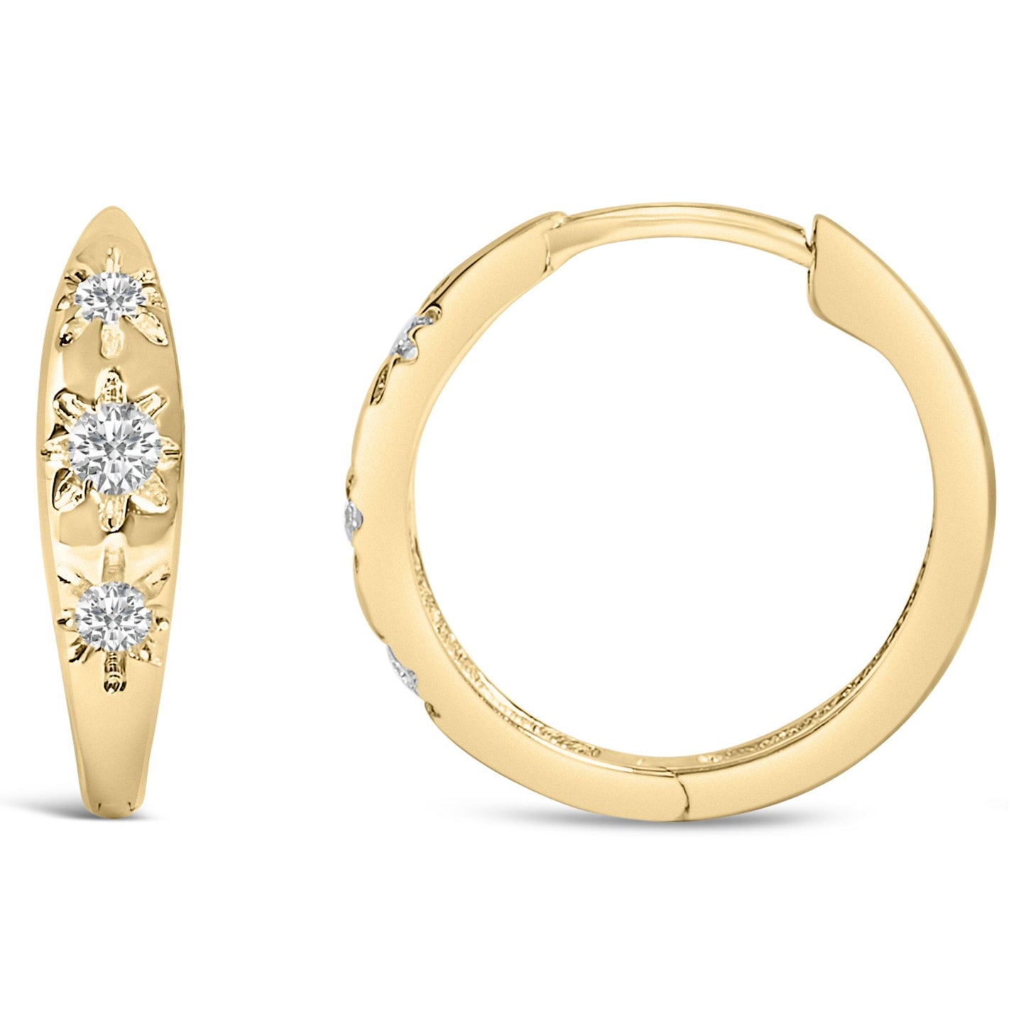 Close-up front and side view of a pair of yellow hoop earrings adorned with round white gemstones in prong settings.