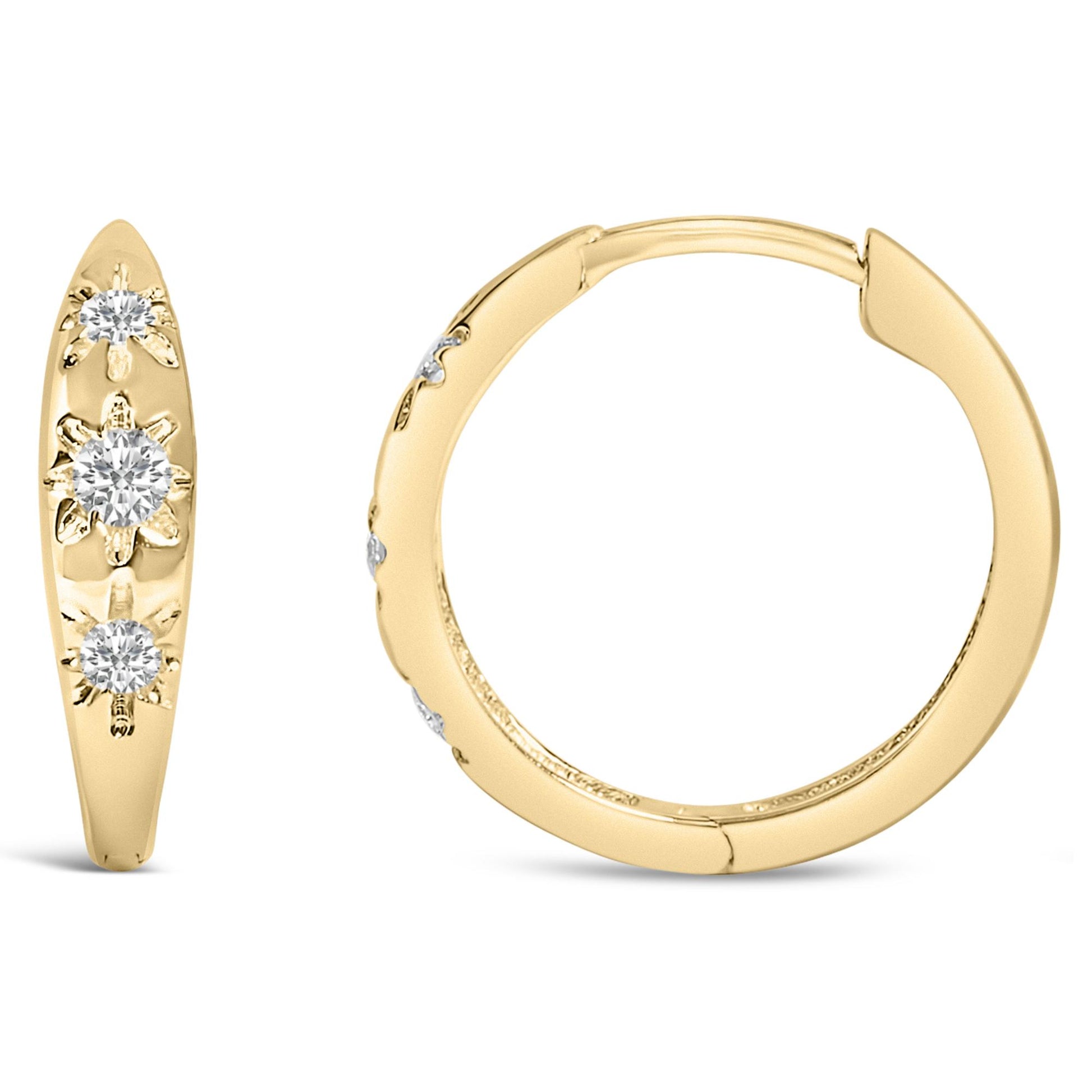 Close-up front and side view of a pair of yellow hoop earrings adorned with round white gemstones in prong settings.