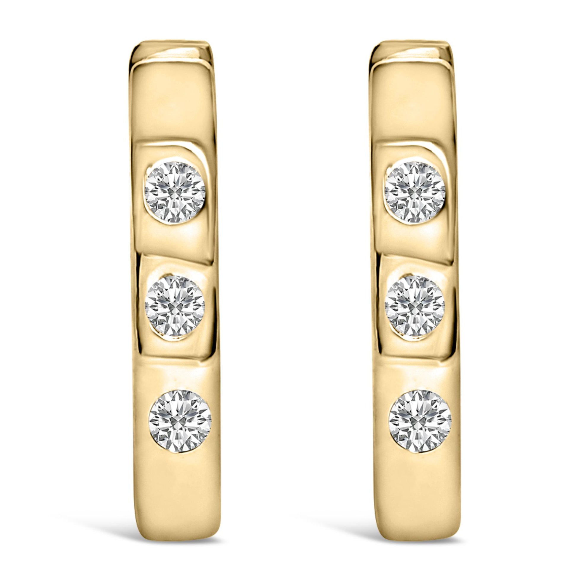 Front-facing close-up of a pair of yellow metal earrings each set with three round white gemstones in bezel settings.