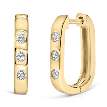 Close-up front and side views of yellow metal earrings with rounded rectangular shape, each featuring three round white gemstones set in bezel settings on the front.