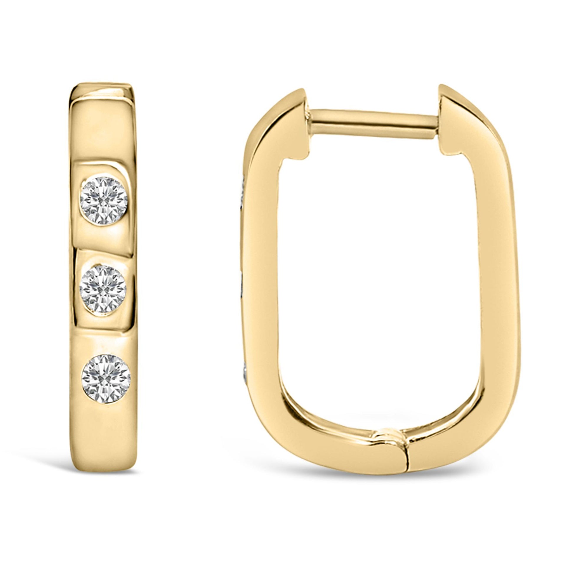 Pair of yellow metal rectangular hoop earrings, shown from front and side angles, each featuring round white gemstones in bezel settings.