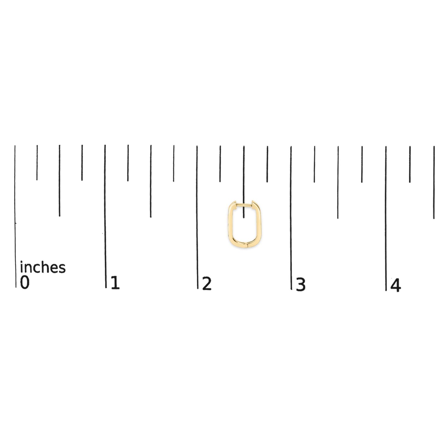 Close-up image of a single yellow metal earring with round white gemstones in bezel settings, shown flat on a ruler scale from a top-down angle.