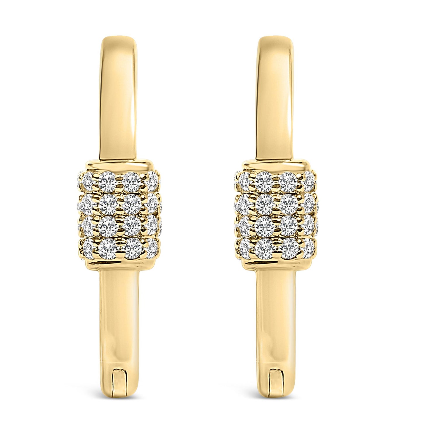 Front view of a pair of yellow metal hoop earrings featuring clustered round white gemstones in a shared prong setting along the front.