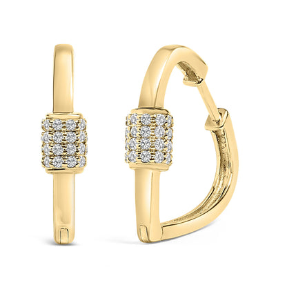 Pair of yellow metal earrings shown from front and side angles, each featuring a rectangular section pavé set with multiple rows of round white gemstones in a shared prong setting.