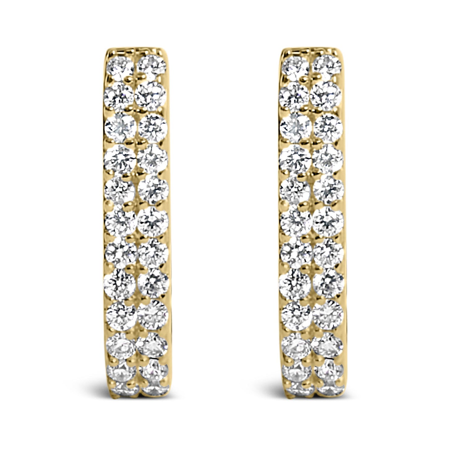 Front view of a pair of yellow metal earrings, each set with multiple white round gemstones in shared prong settings.