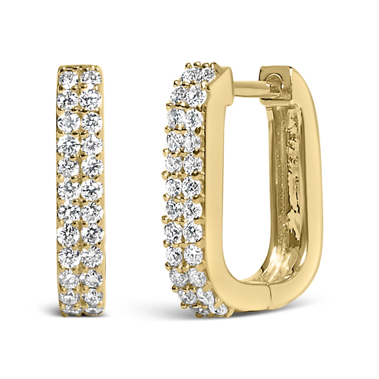 Pair of yellow metal rectangular hoop earrings with shared prong-set round white gemstones, shown from front and angled side views on a white background.
