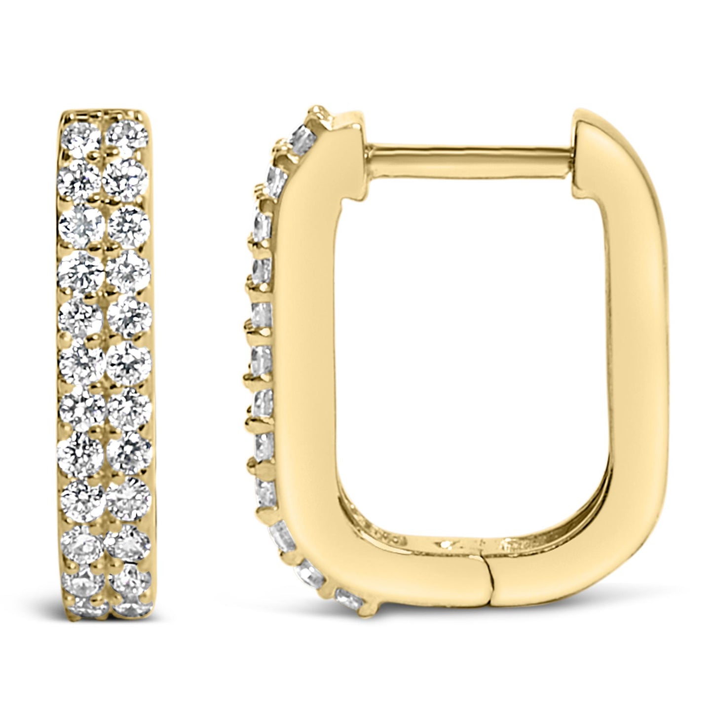 Pair of yellow metal square hoop earrings with white round gemstones in shared prong setting, shown from front and side angles on a white background.