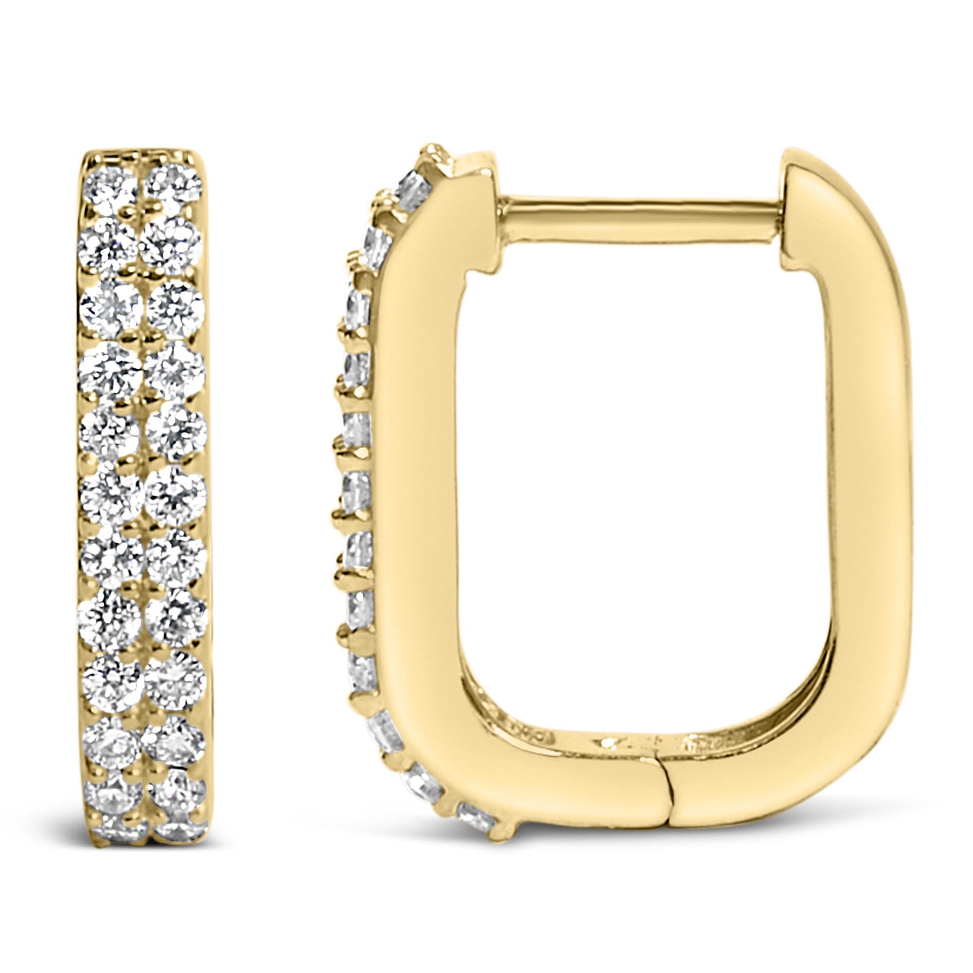 Pair of yellow metal square hoop earrings with white round gemstones in shared prong setting, shown from front and side angles on a white background.