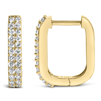 Pair of yellow metal square hoop earrings with white round gemstones in shared prong setting, shown from front and side angles on a white background.
