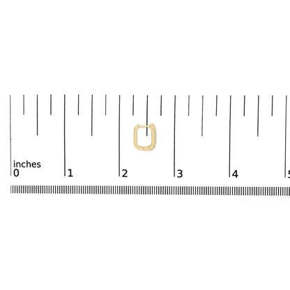 Close-up image of a single yellow metal rectangular hoop earring with white round gemstones set in a shared prong setting along one outer edge, shown on a ruler scale from a top-down angle.