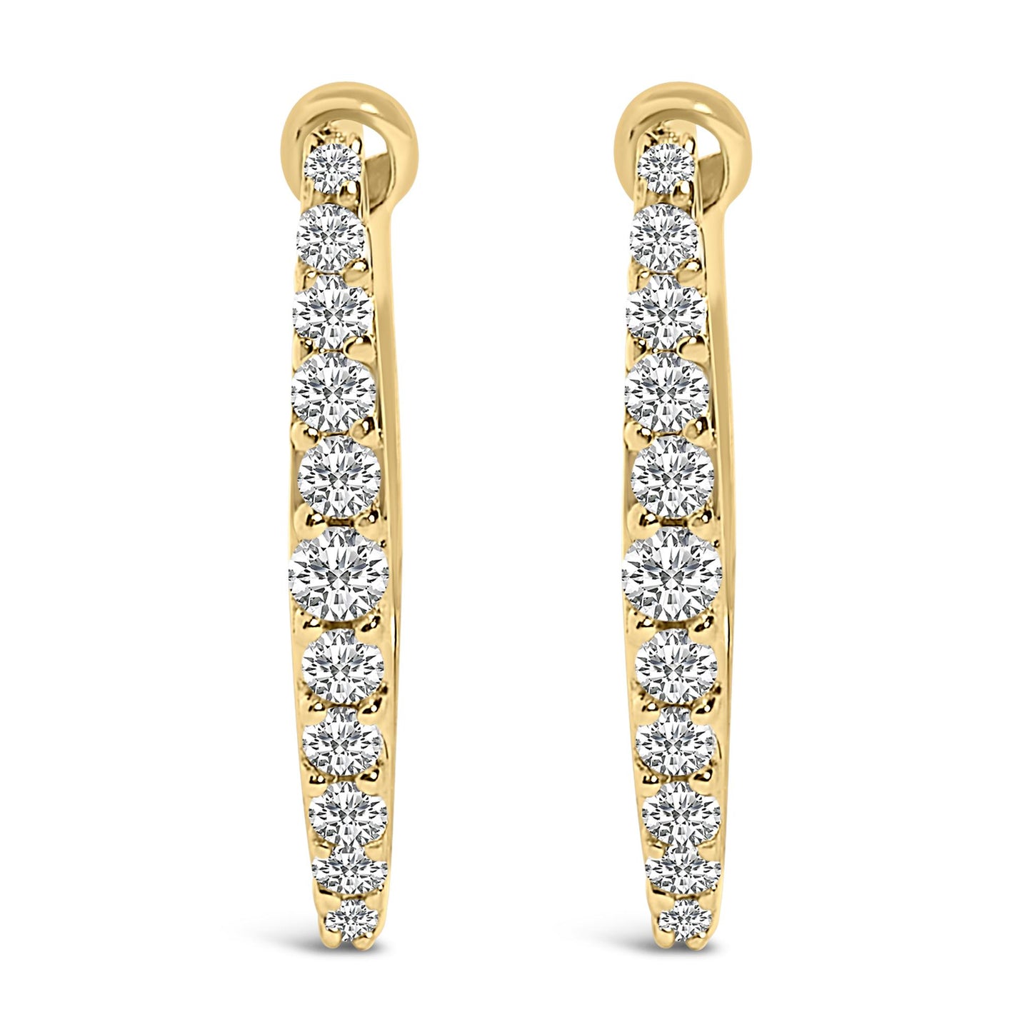 Front-facing close-up of a pair of yellow metal hoop earrings each set with a row of white round gemstones in a shared prong setting.