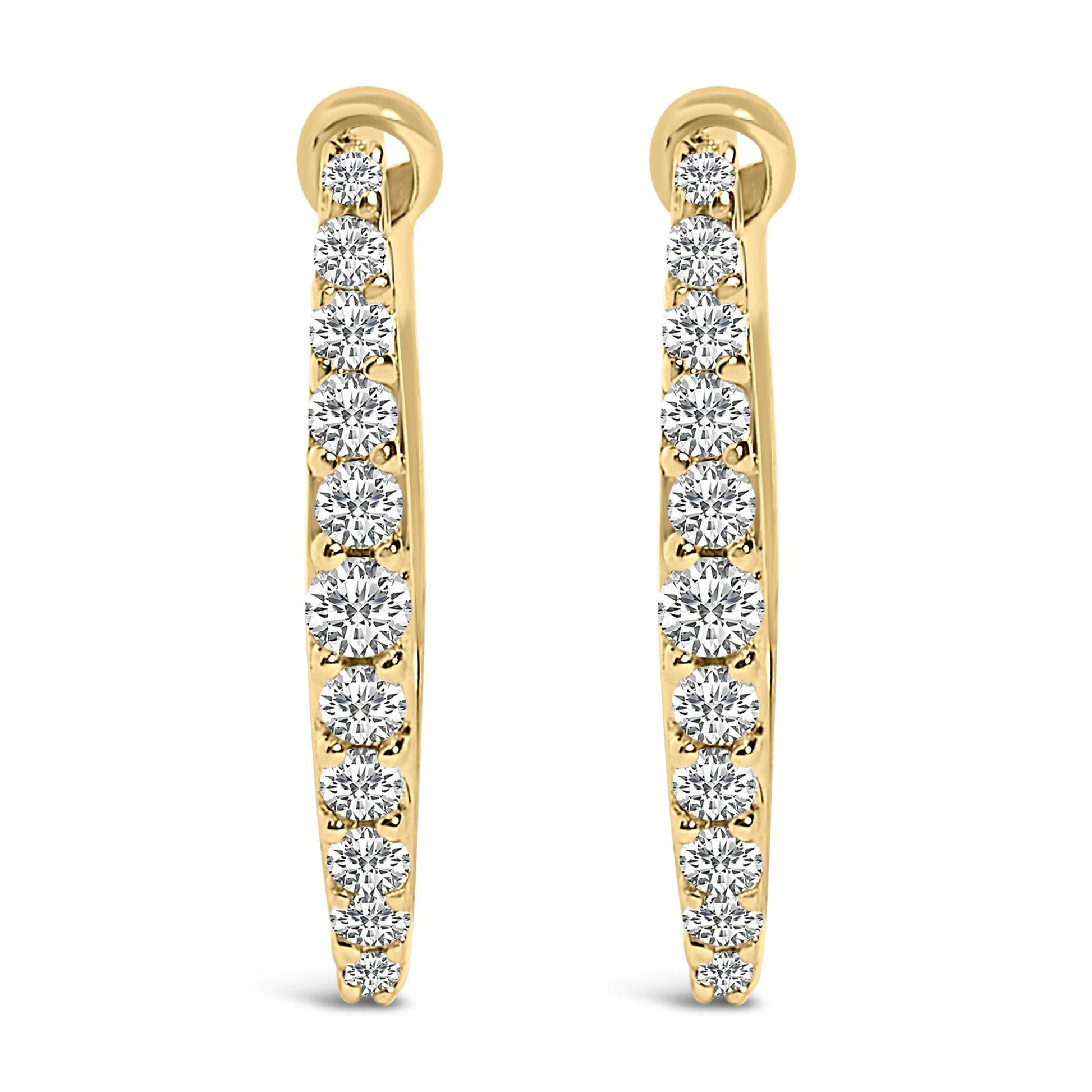 Front-facing close-up of a pair of yellow metal hoop earrings each set with a row of white round gemstones in a shared prong setting.