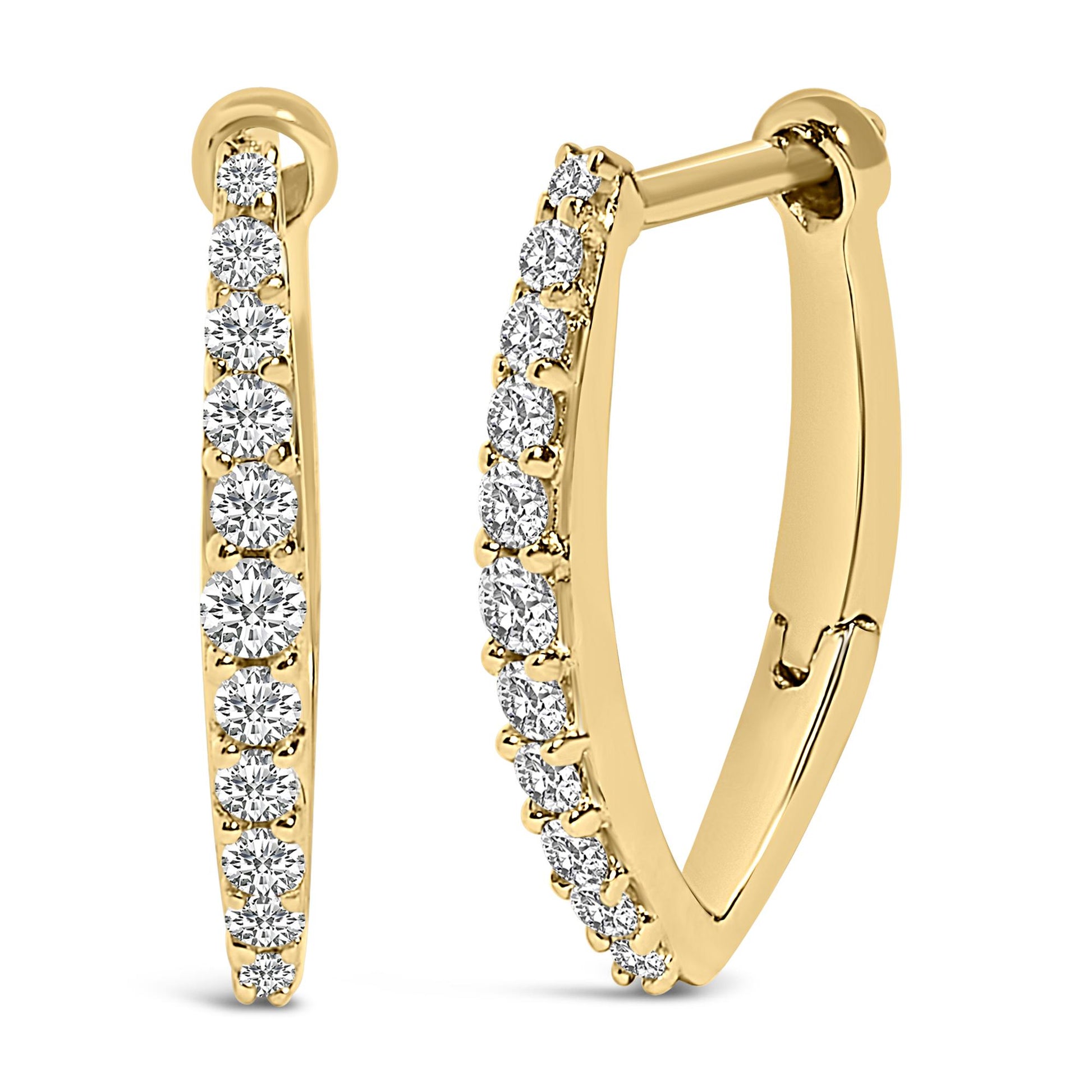 Close-up front and side view of yellow metal V-shaped earrings with a row of round white gemstones set along the outer edge.