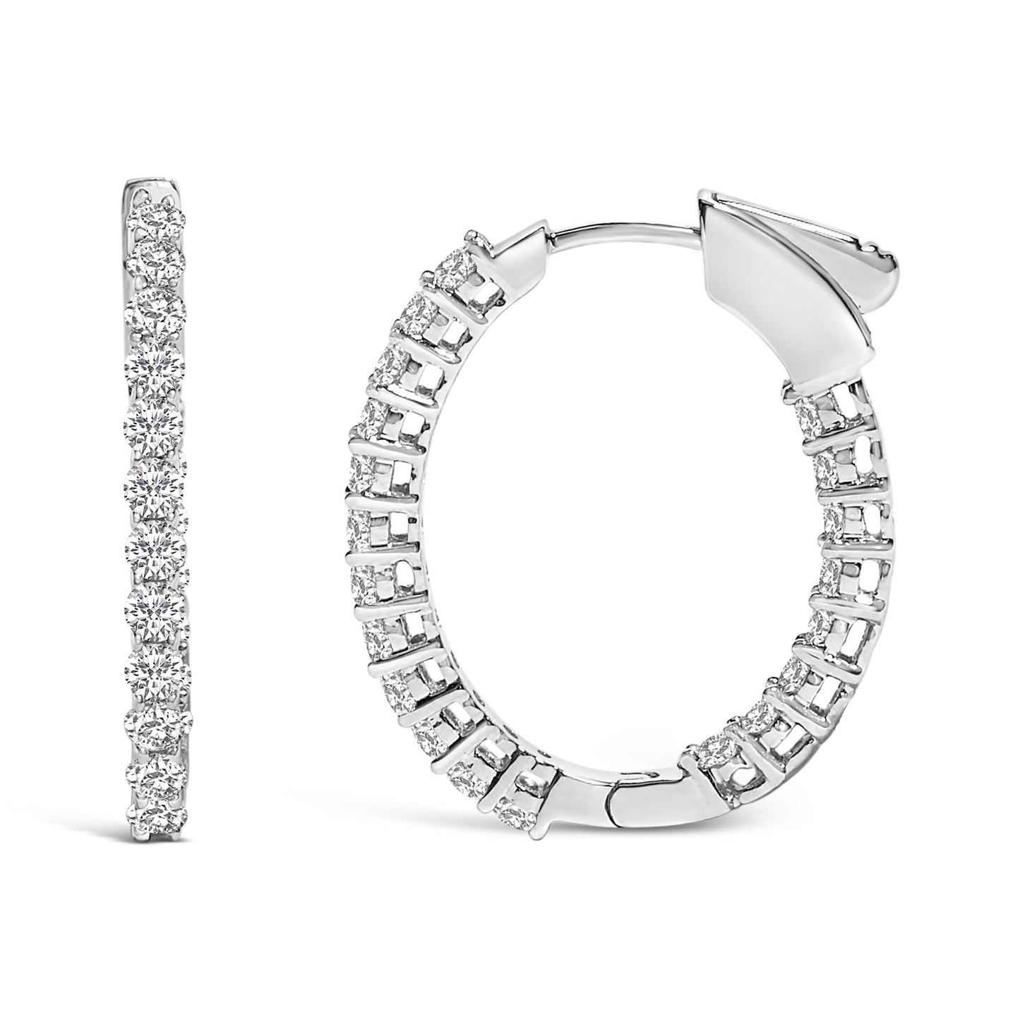 Front and side views of a pair of white hoop earrings featuring round white gemstones set in a shared prong setting, shown on a white background with a close-up angle.