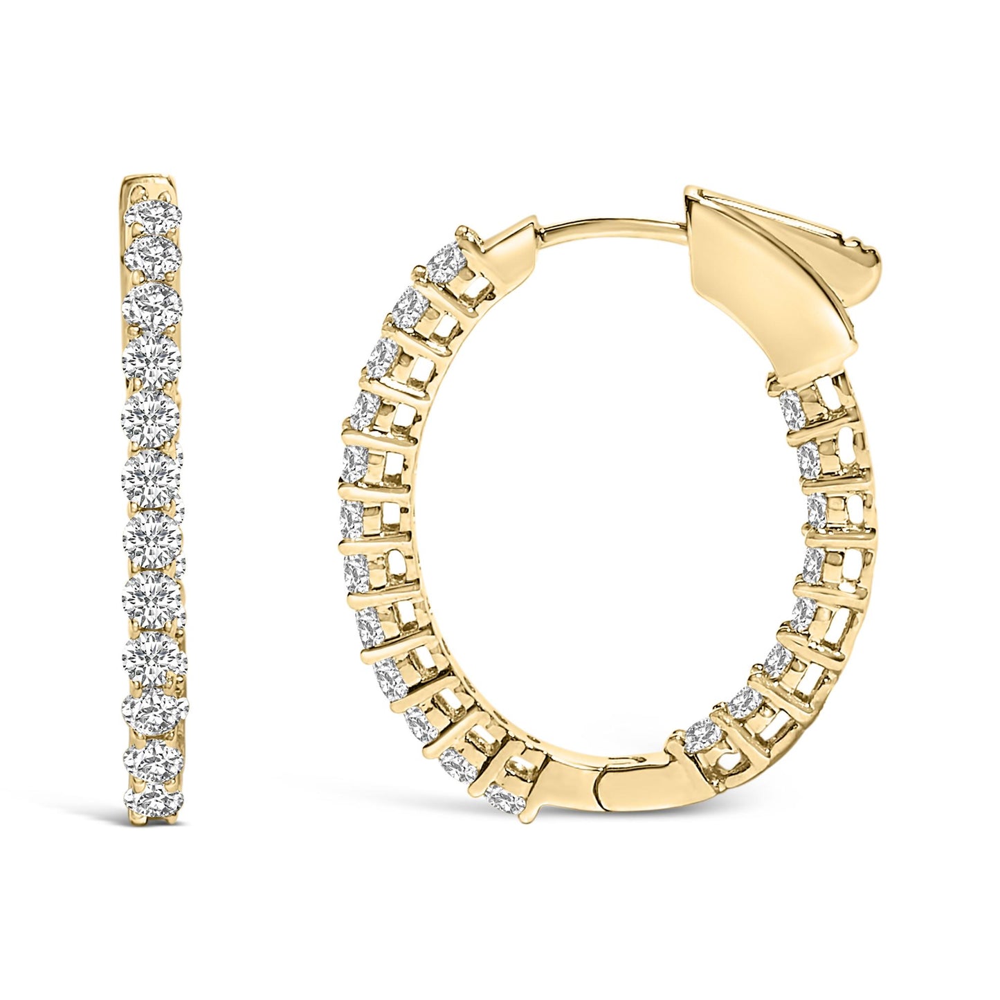 Close-up front and side view of a pair of yellow hoop earrings set with round white gemstones in shared prong settings.