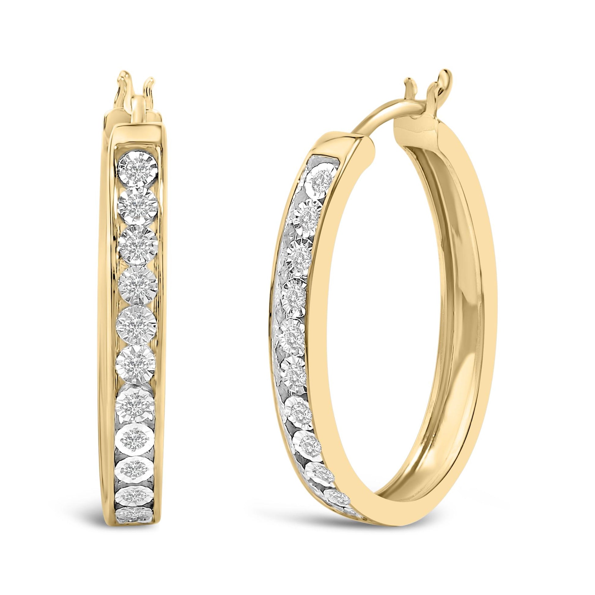 Pair of hoop earrings shown from front and angled side views, featuring yellow and white metal with round white gemstones set in a bezel setting along the outer front edge.