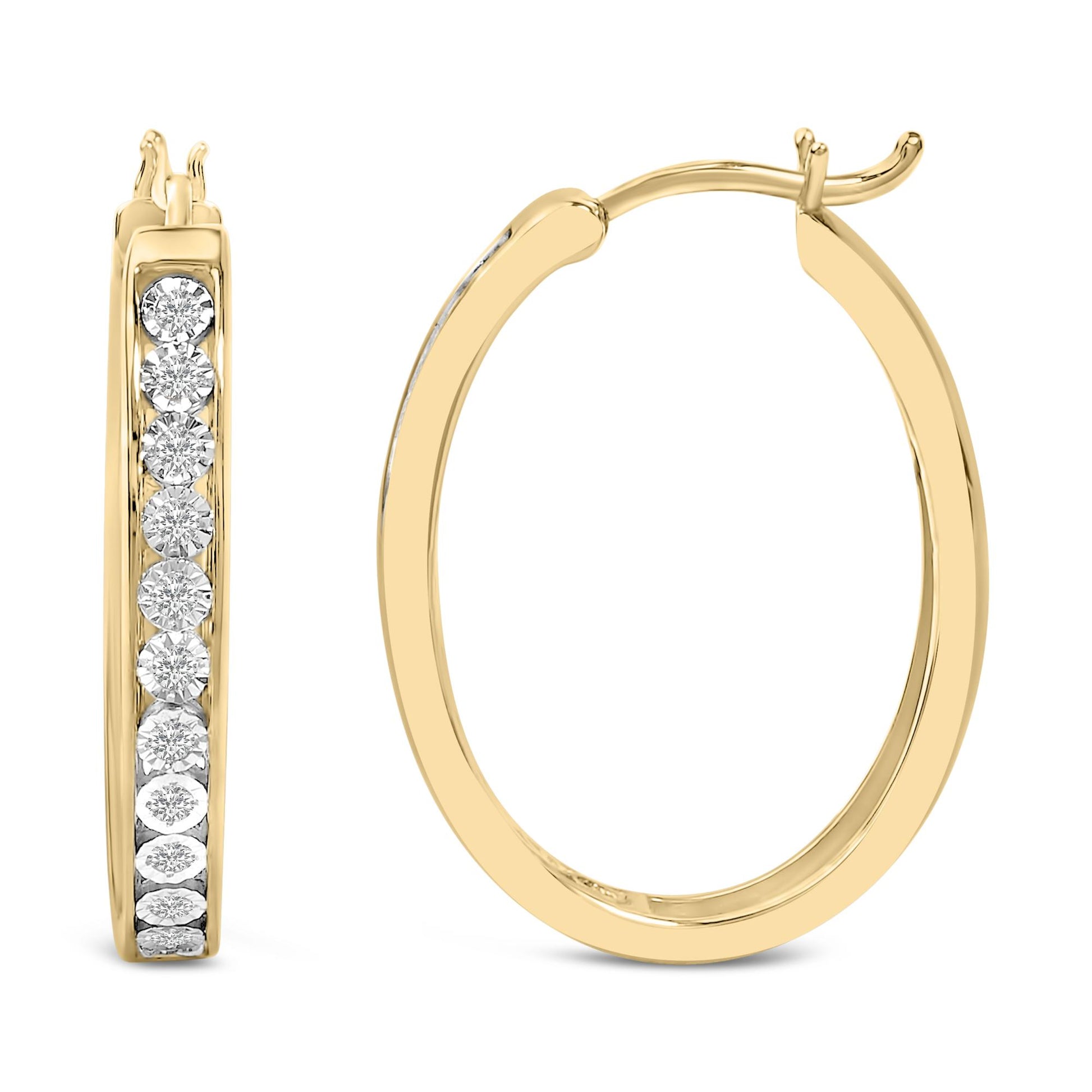 Close-up front and back view of a pair of yellow and white metal hoop earrings with round white gemstones in bezel settings along the front.