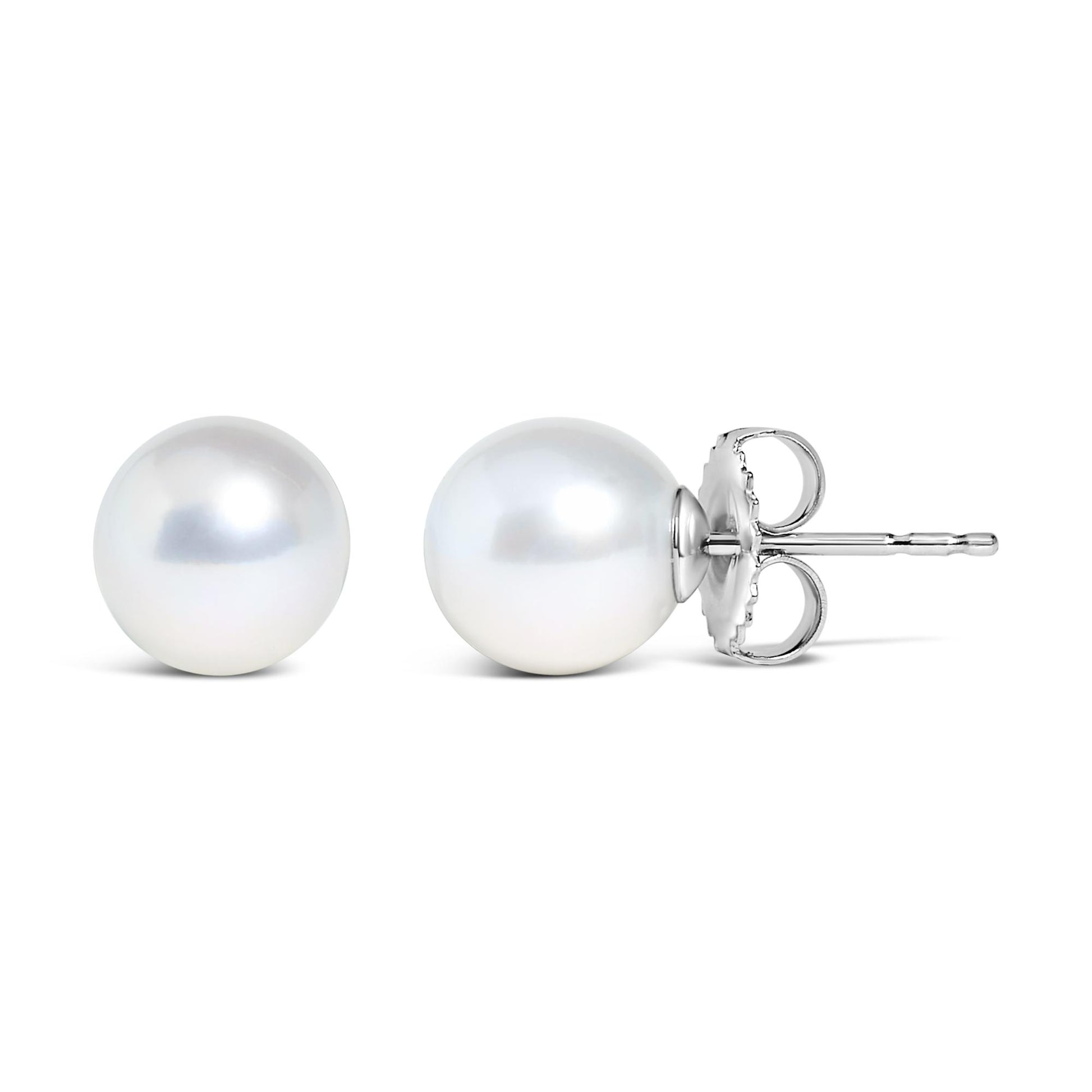 Close-up front and side view of a pair of white metal stud earrings with round white gemstones.