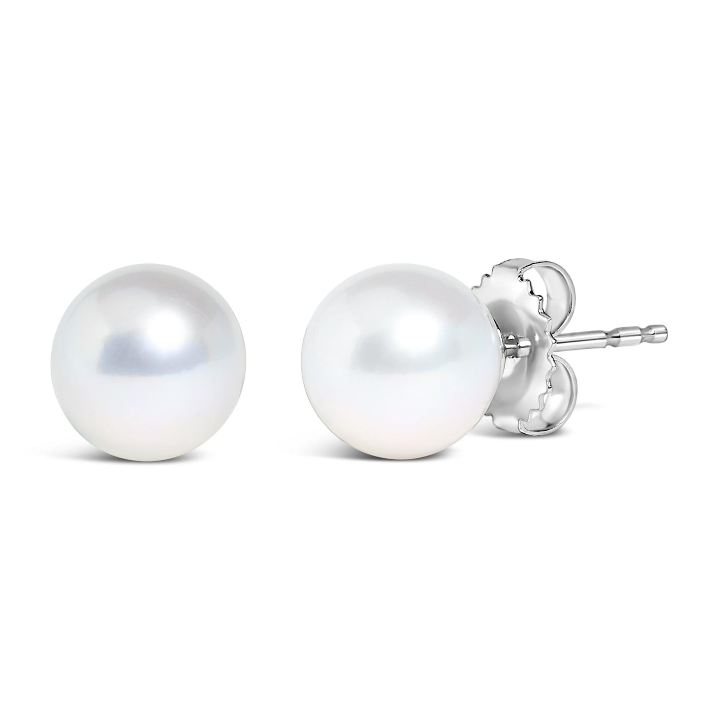 Close-up front and side angle of white metal stud earrings with round white gemstone detail.