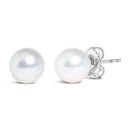 Close-up front and side angle of white metal stud earrings with round white gemstone detail.