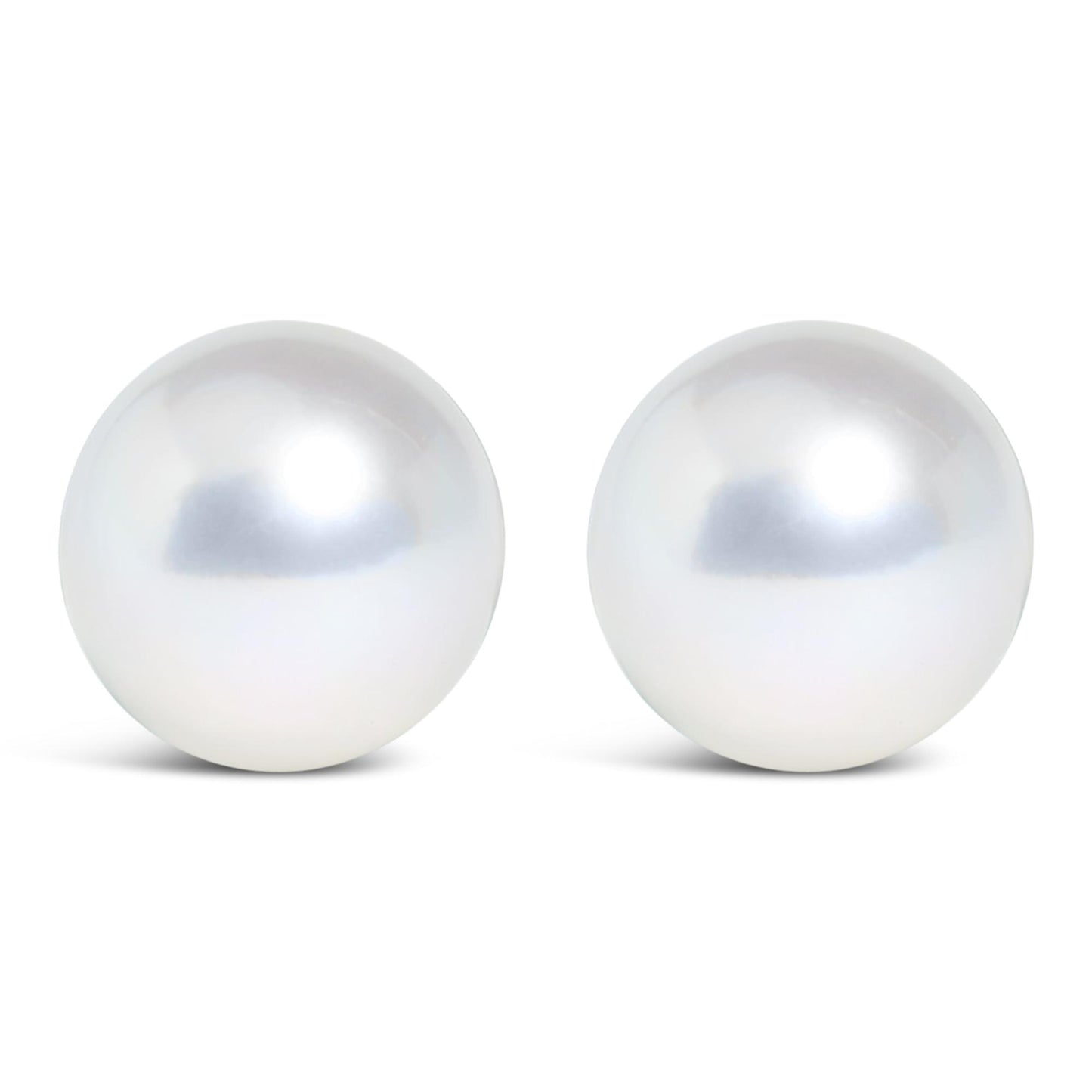 Front view of a pair of white spherical stud earrings shown on a white background.