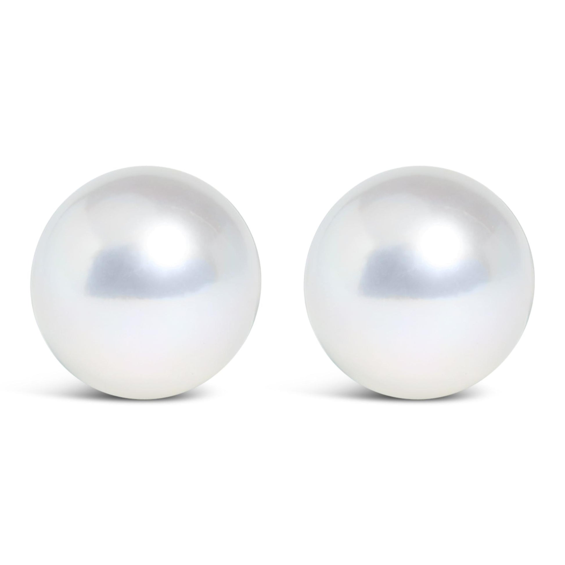 Front view of a pair of white spherical stud earrings shown on a white background.