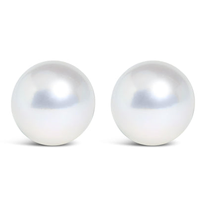 Front view of a pair of white spherical stud earrings shown on a white background.