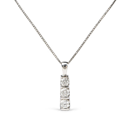 Close-up front view of a white necklace chain with a vertical bar pendant featuring three round white gemstones set in a channel setting.