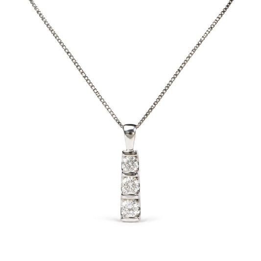 Close-up front view of a white necklace chain with a vertical bar pendant featuring three round white gemstones set in a channel setting.