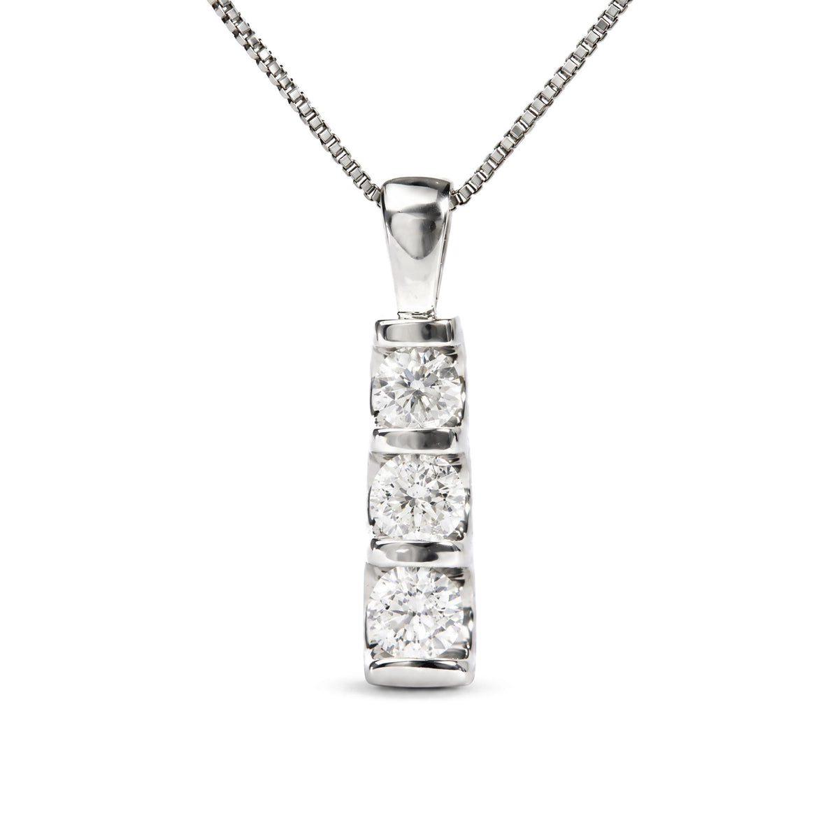 Close-up front view of a white metal necklace pendant featuring a vertical bar with round white gemstones in a channel setting.