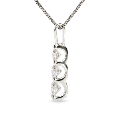 Close-up front angle of a white metal necklace pendant with a vertical bar design featuring three round white gemstones in channel settings, shown on a white background.