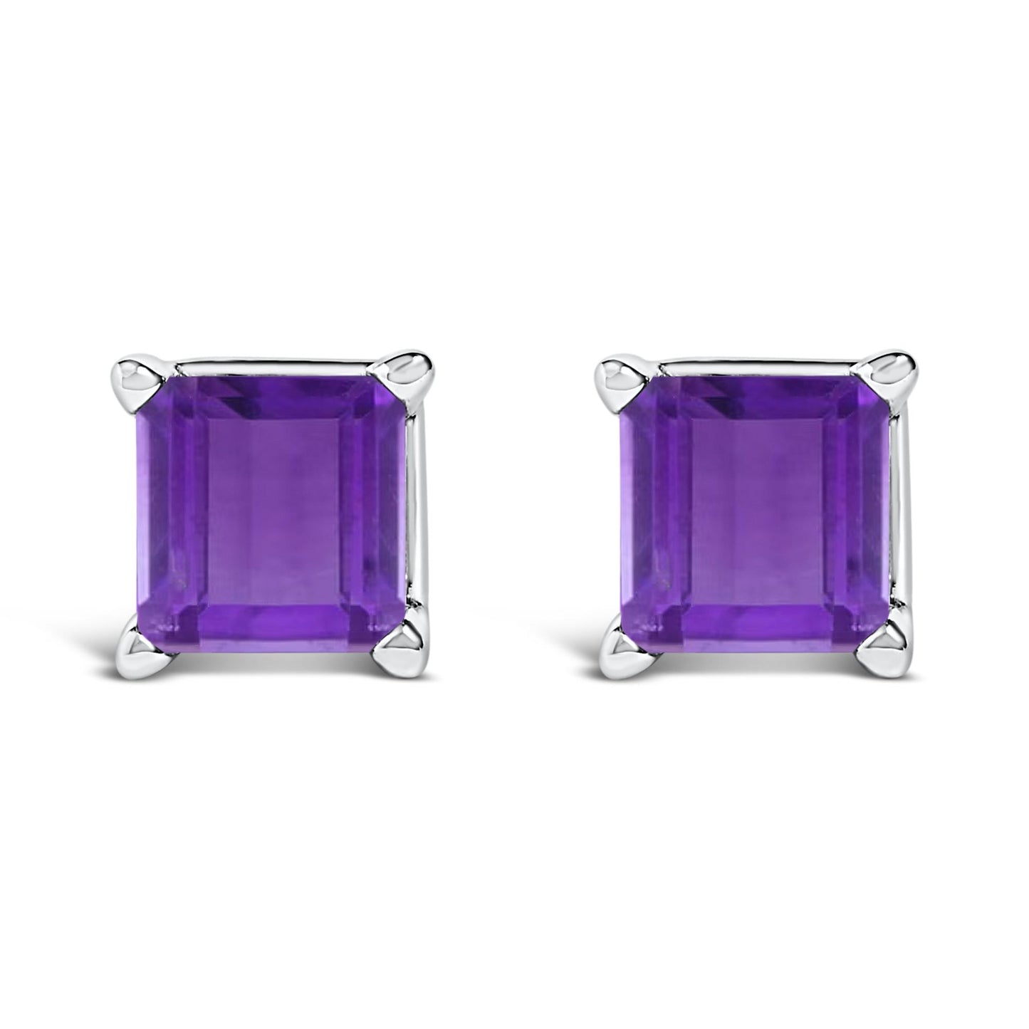 Front view of a pair of white earrings with square purple gemstones in a four-prong setting, shown side by side on a white background.