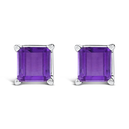 Front view of a pair of white earrings with square purple gemstones in a four-prong setting, shown side by side on a white background.