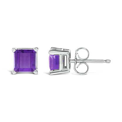 Pair of white metal stud earrings with square purple gemstones in four-prong settings, shown from front and side angles.