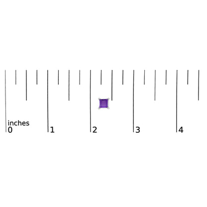 Close-up of a single square purple gemstone earring in a four-prong white metal setting, shown on a ruler scale from a top-down angle.