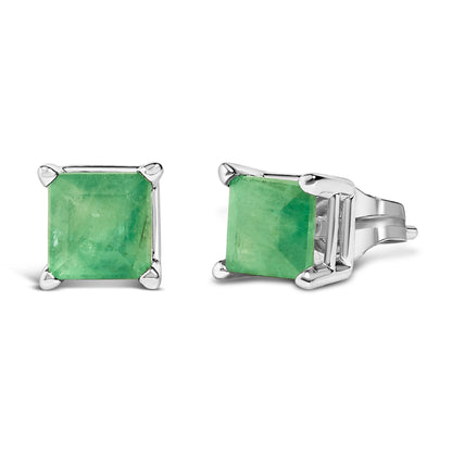 Pair of white metal stud earrings with square green gemstones in 4-prong settings, shown in a front and angled side view on a white background.