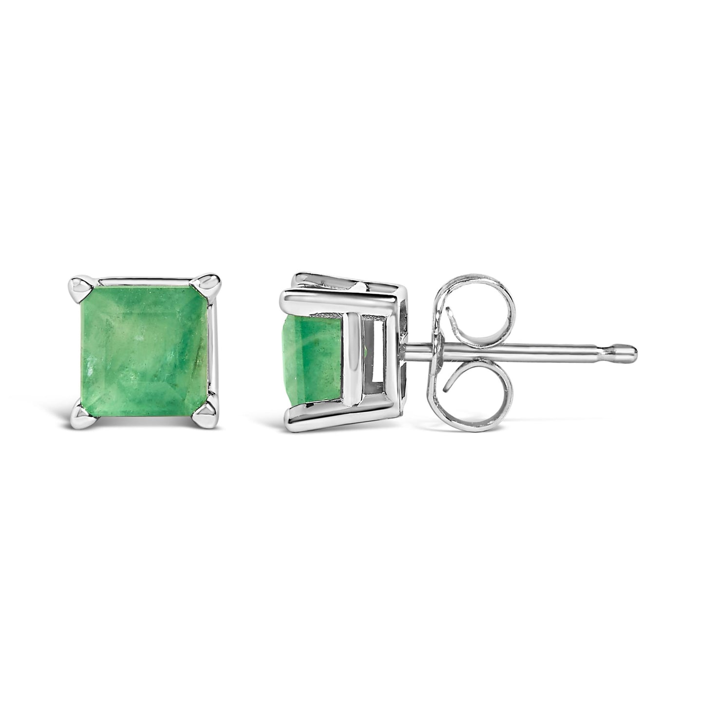 Front and side view of a pair of white metal stud earrings with green square-shaped gemstones in four-prong settings on a white background.