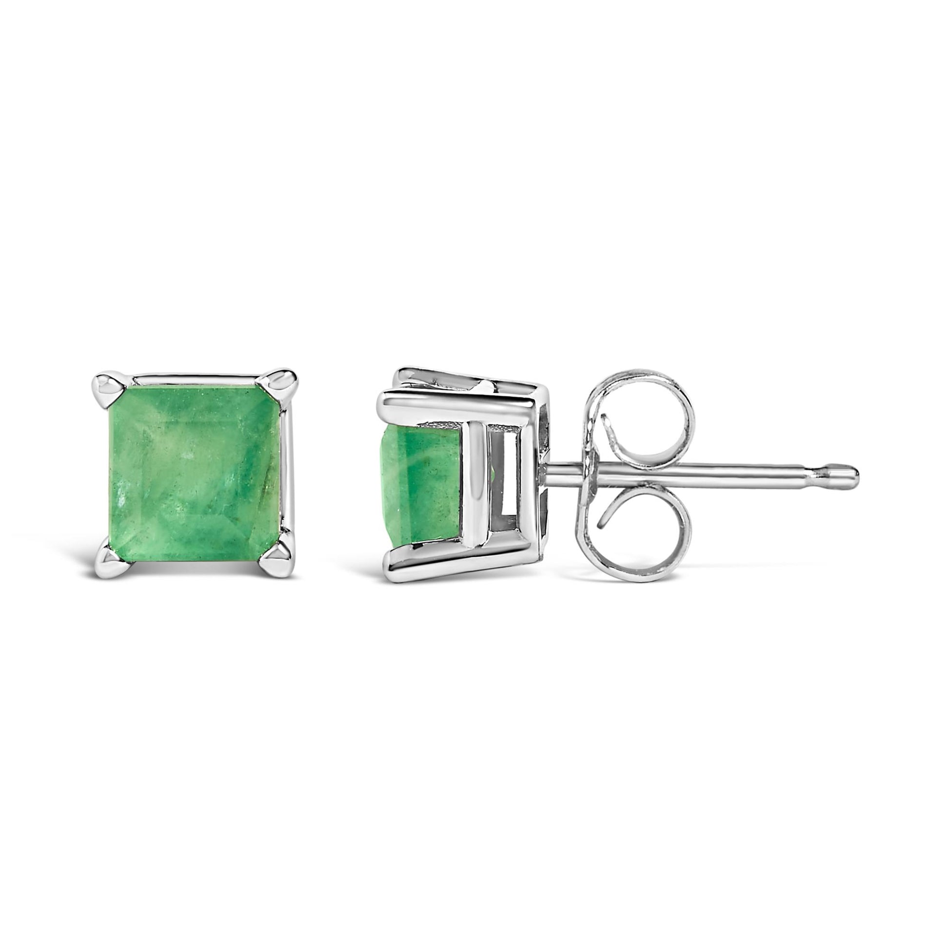 Front and side view of a pair of white metal stud earrings with green square-shaped gemstones in four-prong settings on a white background.