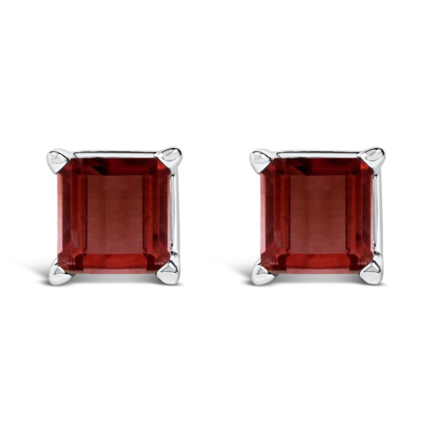 Front view of a pair of square stud earrings featuring red princess-cut gemstones in white metal four-prong settings.