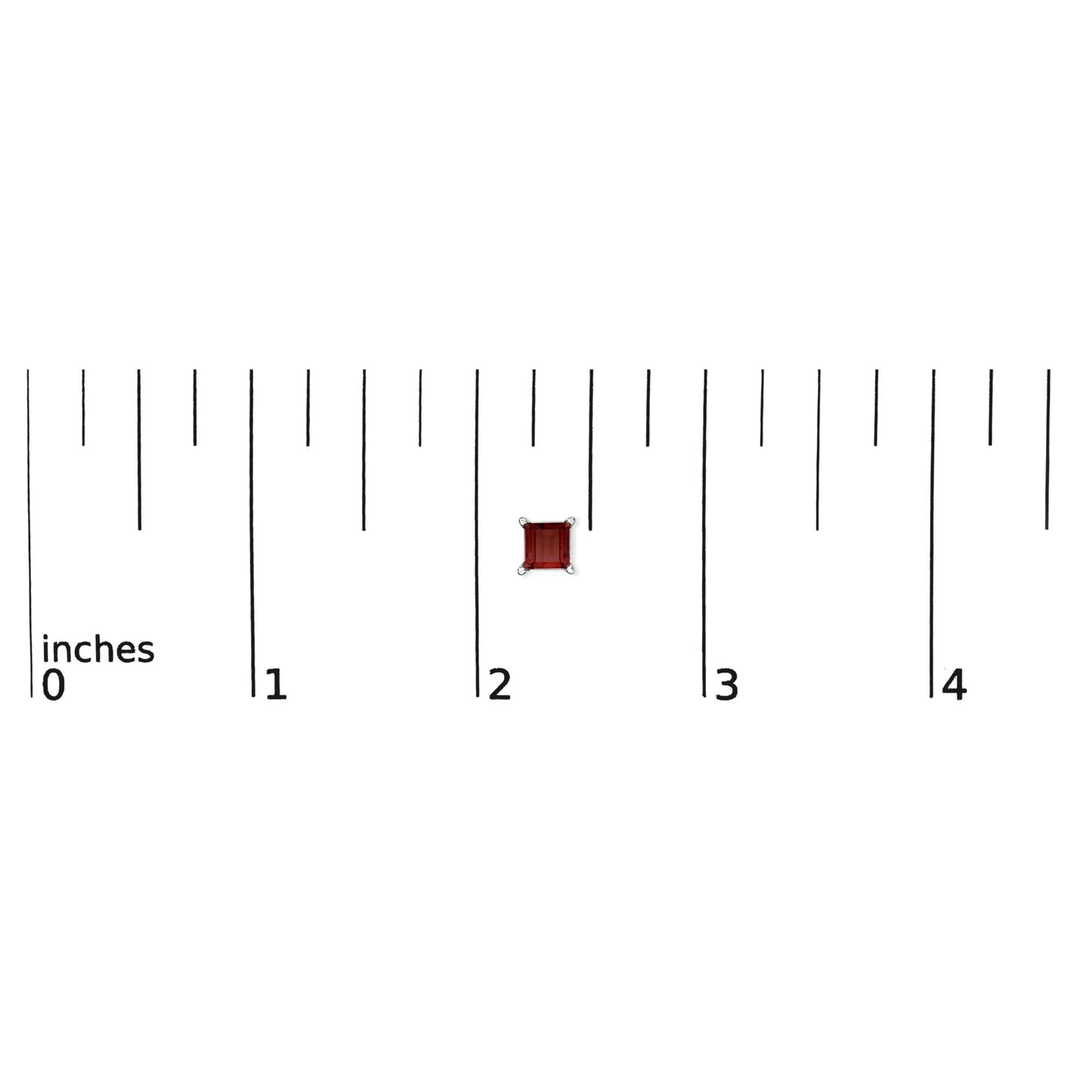 Close-up top view of a red princess-shaped gemstone earring with four-prong white metal setting shown on a ruler scale.