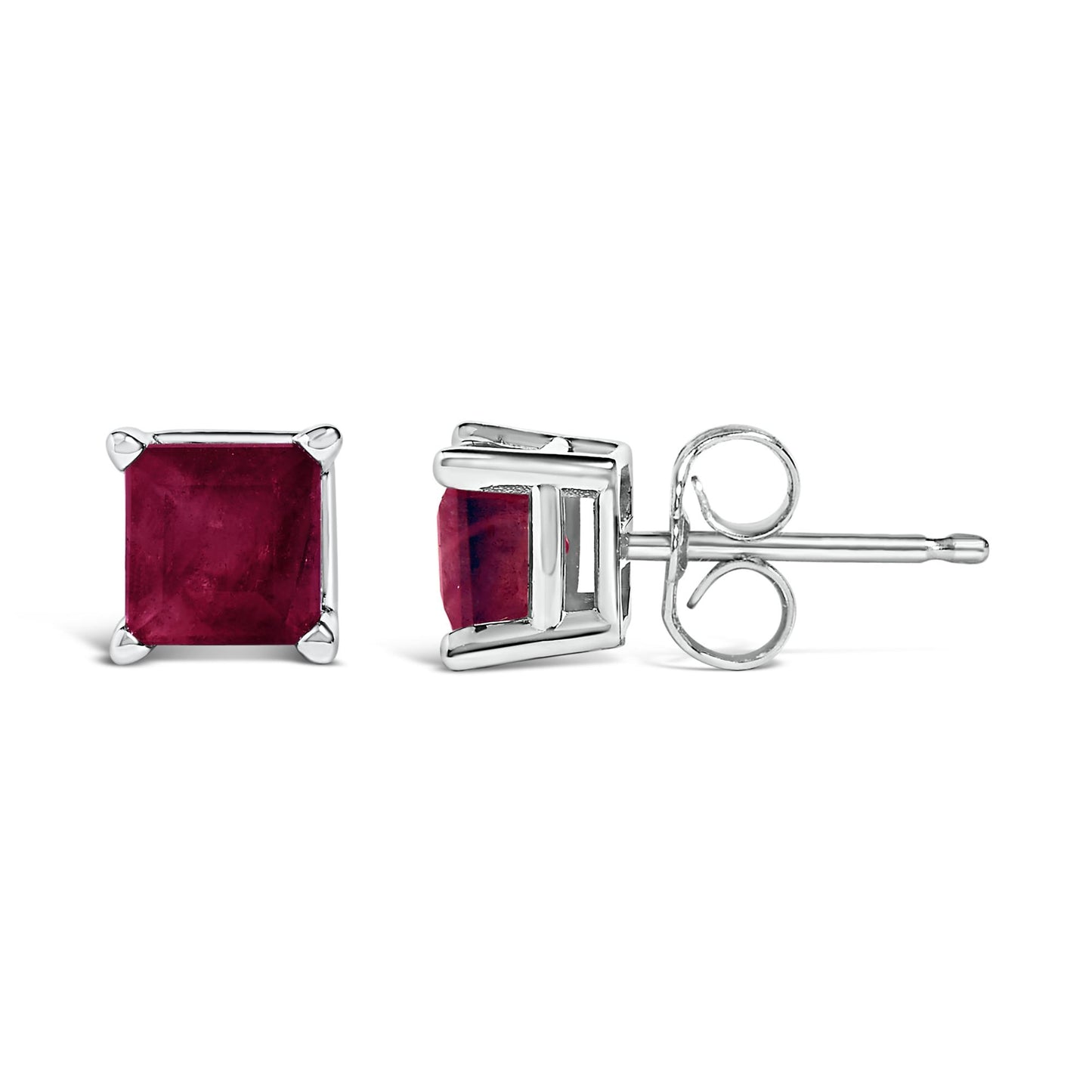 Front and side view of white metal stud earrings with square red gemstones set in four-prong settings, shown on a white background.