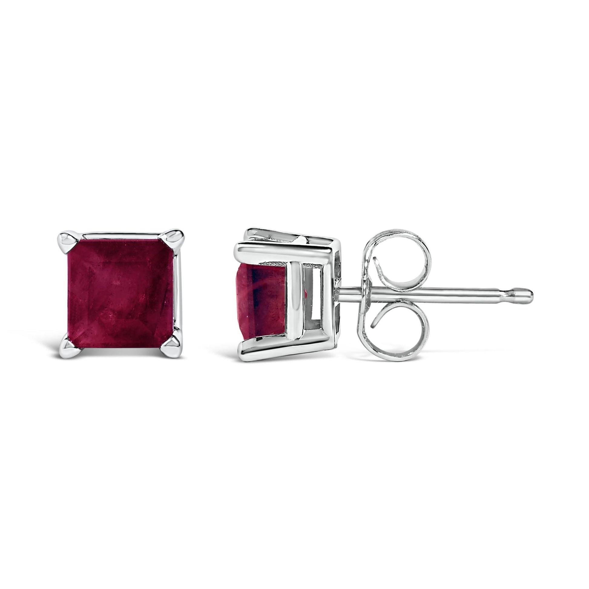 Front and side view of white metal stud earrings with square red gemstones set in four-prong settings, shown on a white background.