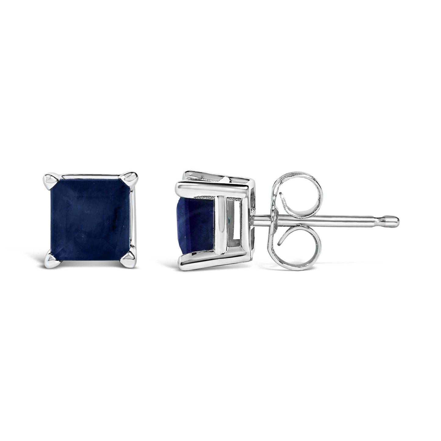 Pair of white metal stud earrings with square blue gemstones in four-prong settings, shown from front and side angles on a white background.
