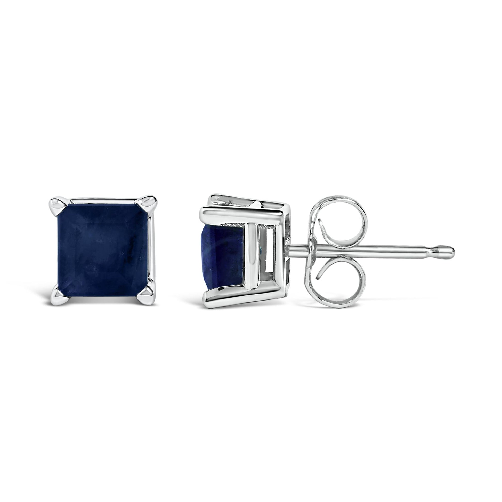 Pair of white metal stud earrings with square blue gemstones in four-prong settings, shown from front and side angles on a white background.