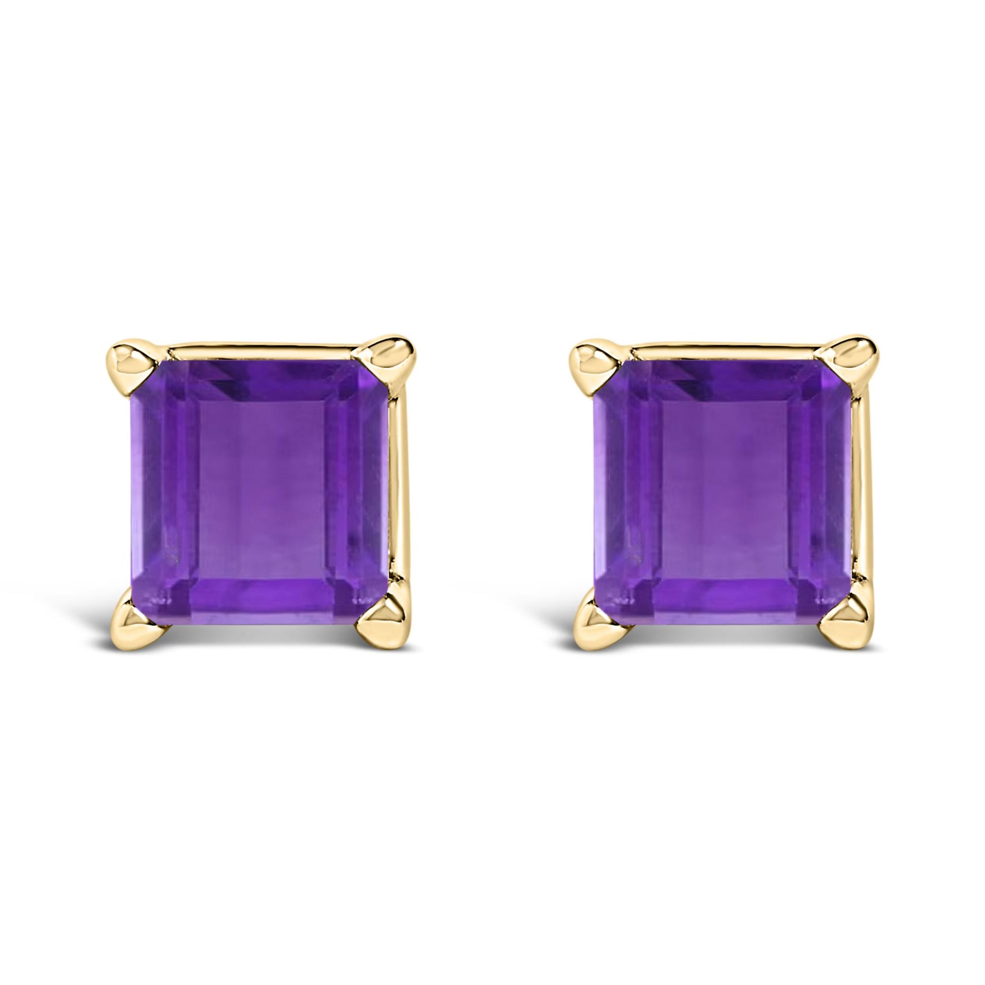 Front view of a pair of yellow metal stud earrings featuring square purple gemstones held by four prongs.