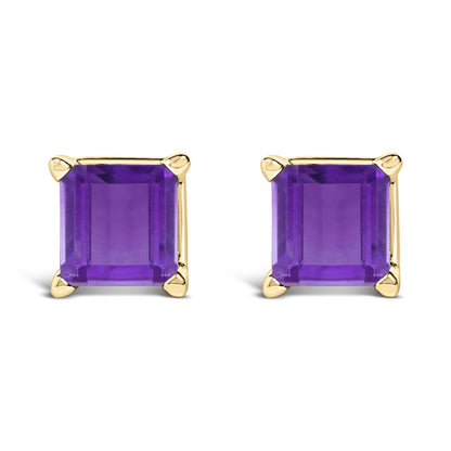 Front view of a pair of yellow metal stud earrings featuring square purple gemstones held by four prongs.